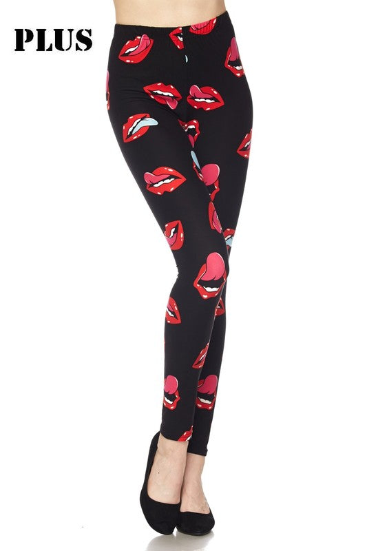 Kiss Red Lips PRINT Brushed Ankle PLUS SIZE Leggings