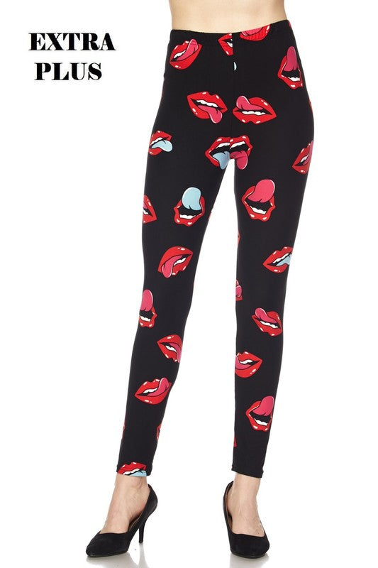 Kiss Red Lips Print  Brushed Ankle PLUS SIZE Legging 3X4X