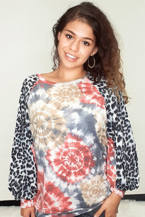 LONG LEOPARD SLEEVE CONTRAST TIE DYE TOP