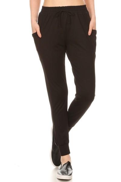 CHARCOAL, SOLID, soft brushed, full length, fleece lined, high rise joggers sweatpants in a relaxed fit with an elastic waistband, drawstrings, and side pockets