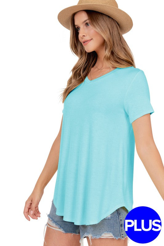 Basic Short Sleeve V Neck Top With Rounded Hem