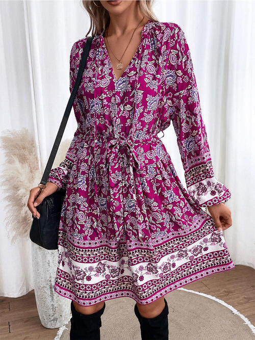 Floral Tie Neck Balloon Sleeve Dress