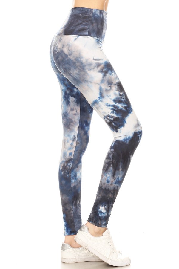 ONE SIZE YOGA BAND DK BLUE TIE DYE Print Brushed Ankle Leggings