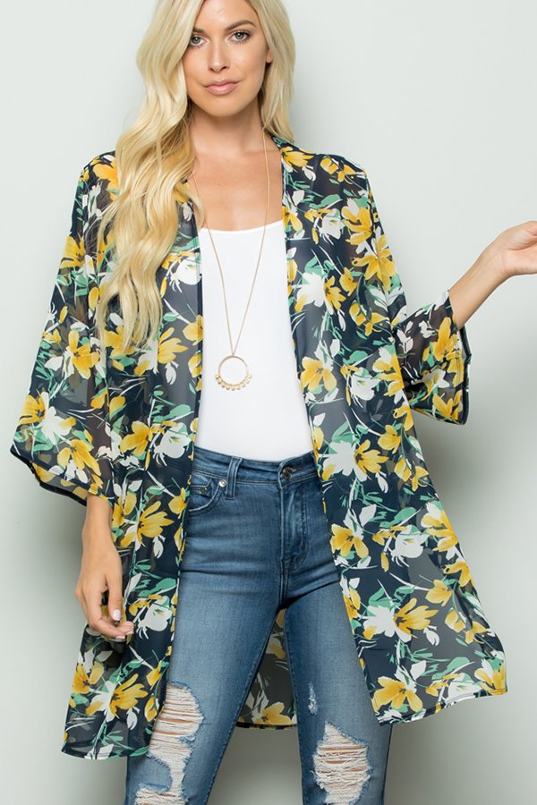 THREE QUARTER SLEEVE FLORAL PRINT KIMONO CARDIGAN WITH SIDE SLIT AND SELF TIE DETAIL