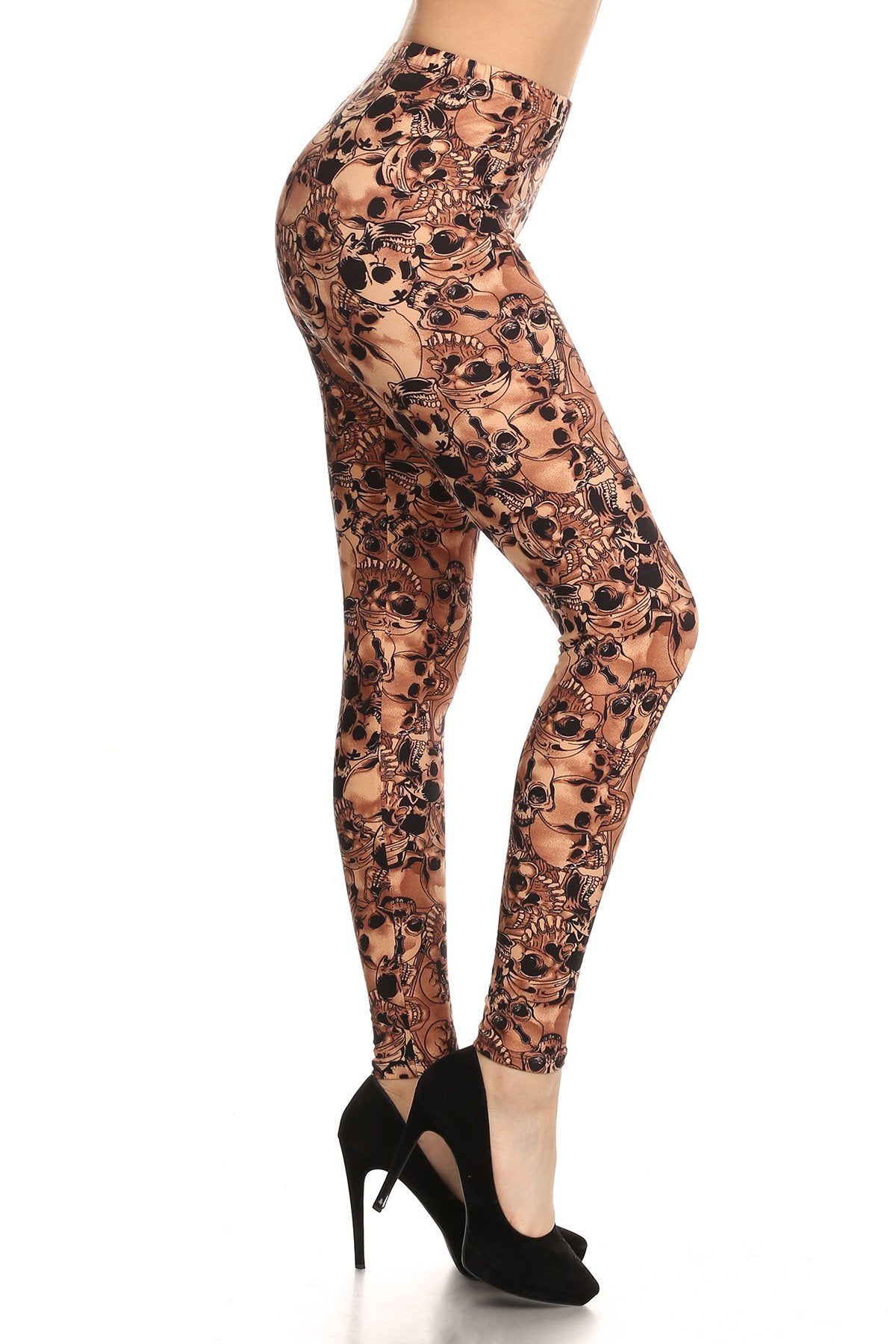 BROWN SKULL PRINT Brushed Ankle ONE SIZE Leggings