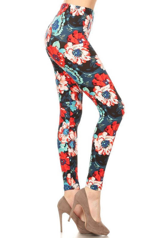 TEAL/RED FLORAL Print Brushed Ankle ONE SIZE Leggings