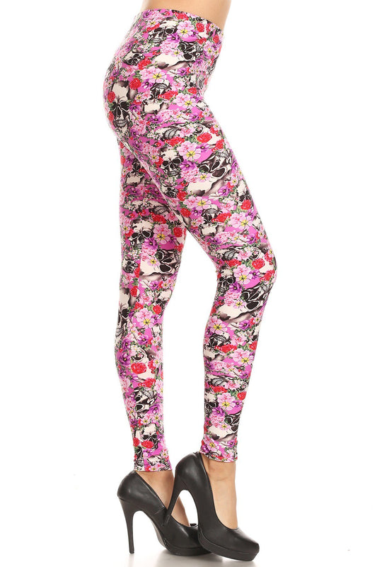 ONE SIZE PINK SKULL FLORAL Print Brushed Ankle Leggings