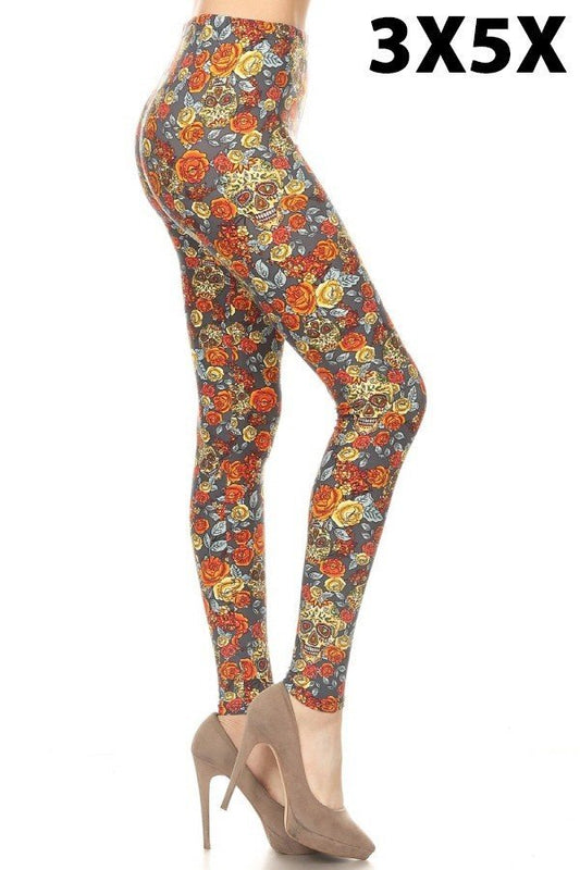 3X5X SKULL FLORAL PRINTED BUTTER SOFT Ankle Legging