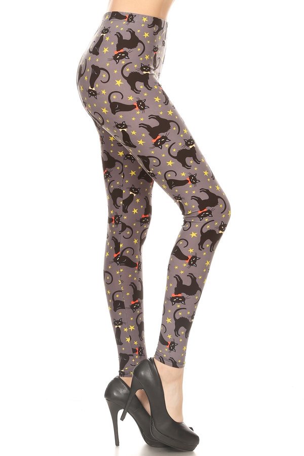 ONE SIZE HALLOWEEN KITTY Print Brushed Ankle Leggings