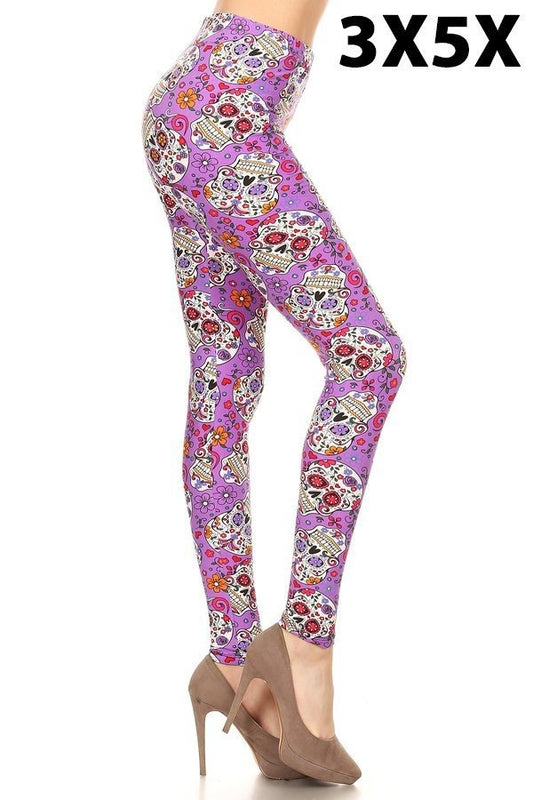 3X5X PURPLE SKULL PRINT PRINTED BUTTER SOFT Ankle Legging