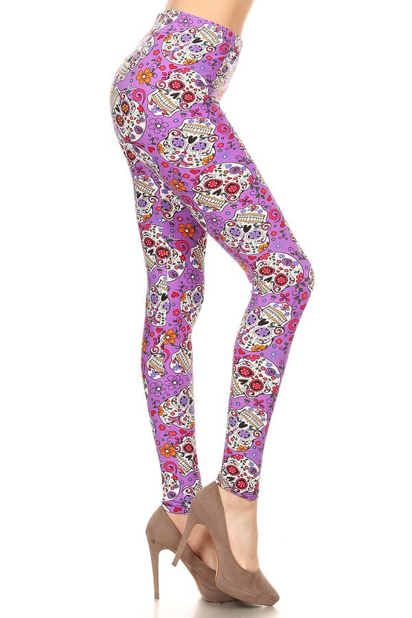 ONE SIZE PURPLE SKULL Print Brushed Ankle Leggings