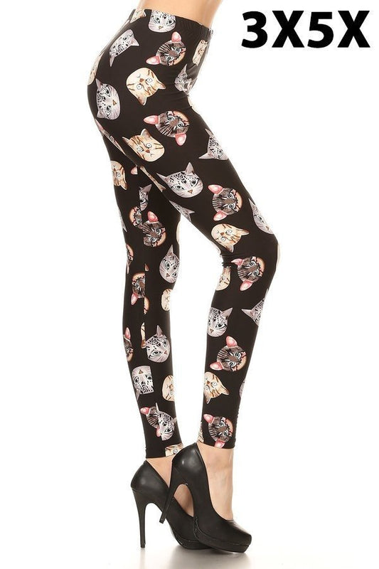 3X5X CAT HEADS Print Brushed Ankle PLUS SIZE Leggings 1IN BAND