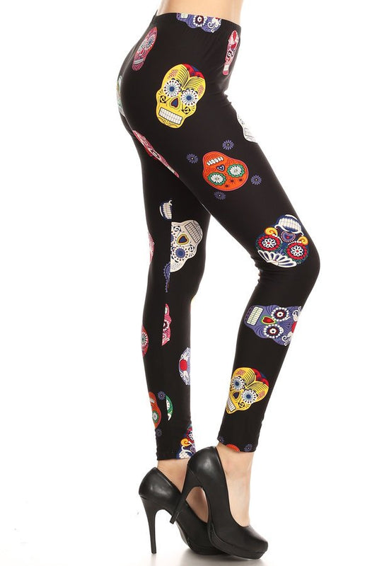 MULTI COLOR SKULL Print Brushed Ankle ONE SIZE Leggings