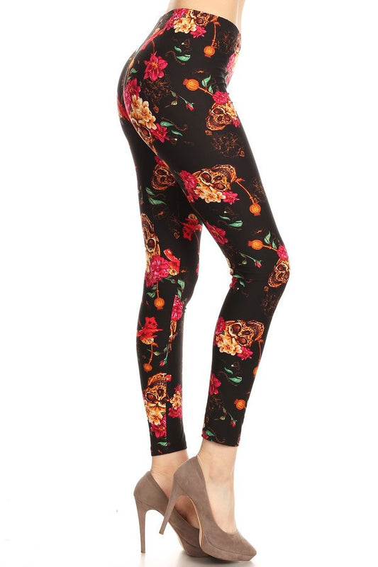 FLOWER CROWN SKULL Print Brushed Ankle ONE SIZE Leggings