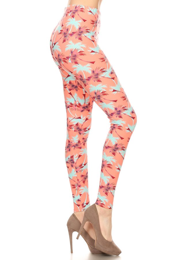 ONE SIZE PINK PALM TREES Print Brushed Ankle Leggings