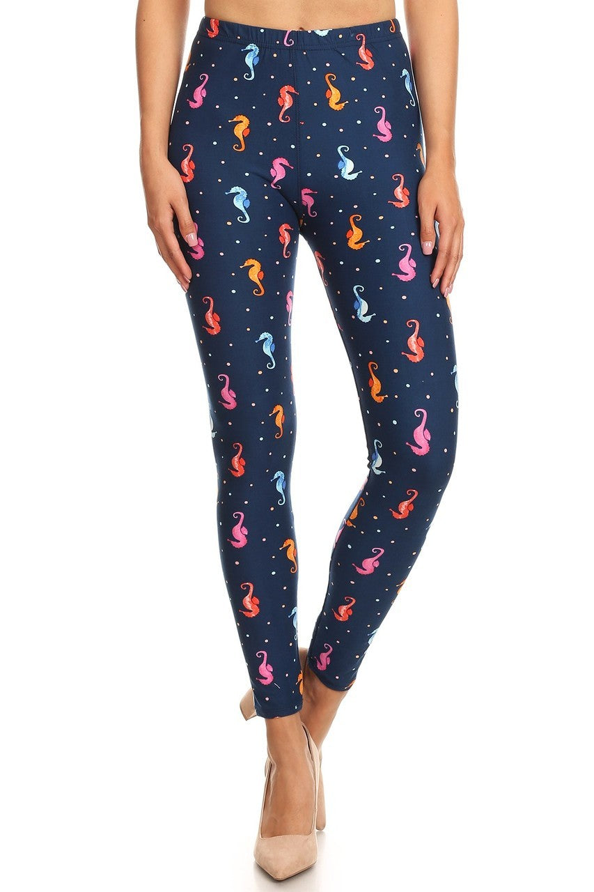 Seahorse Print Brushed Ankle One Size Leggings