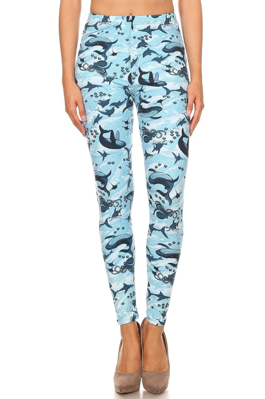 UNDER THE SEA Print Brushed Ankle ONE SIZE Leggings