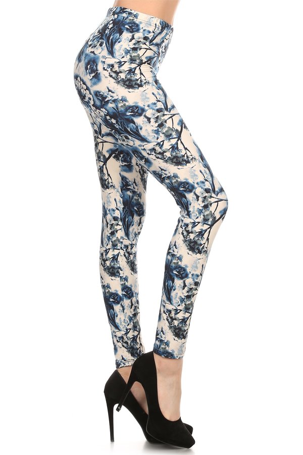 Blue White Floral Printed One Size Leggings