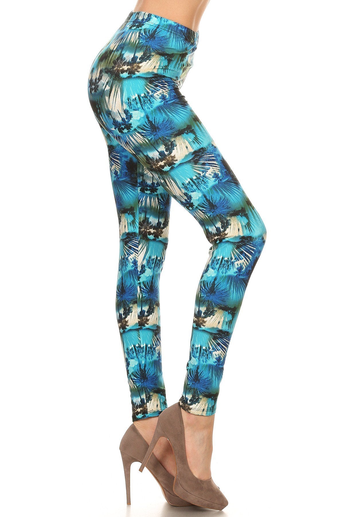 Blue Teal Floral Printed One Size Leggings