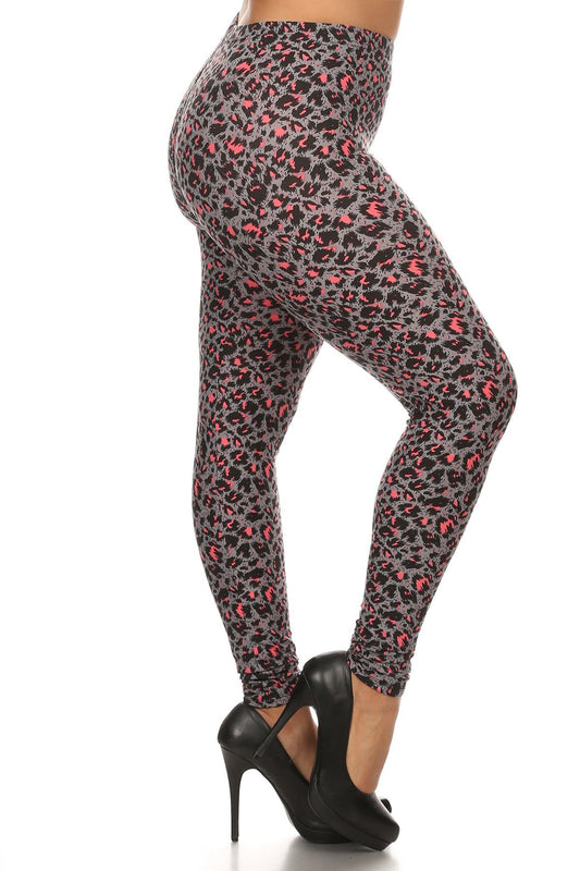 3X5X EXTRA PLUS Grey Pink Animal Printed Plus Size Leggings