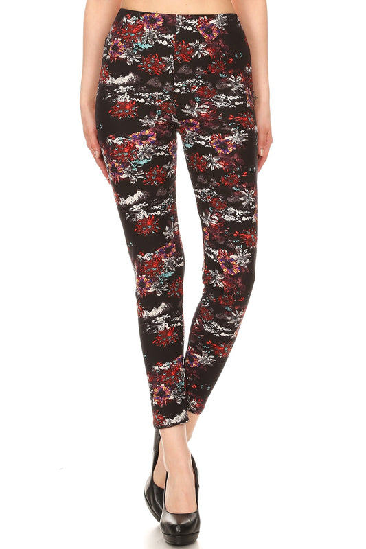 White/Red Floral Print One Size Leggings