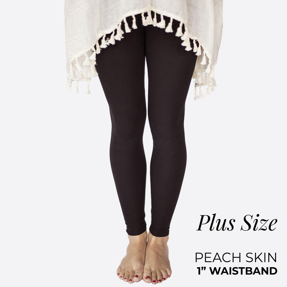 Plus Size Black Peach Skin 1" Waist Band Soft Brush Leggings