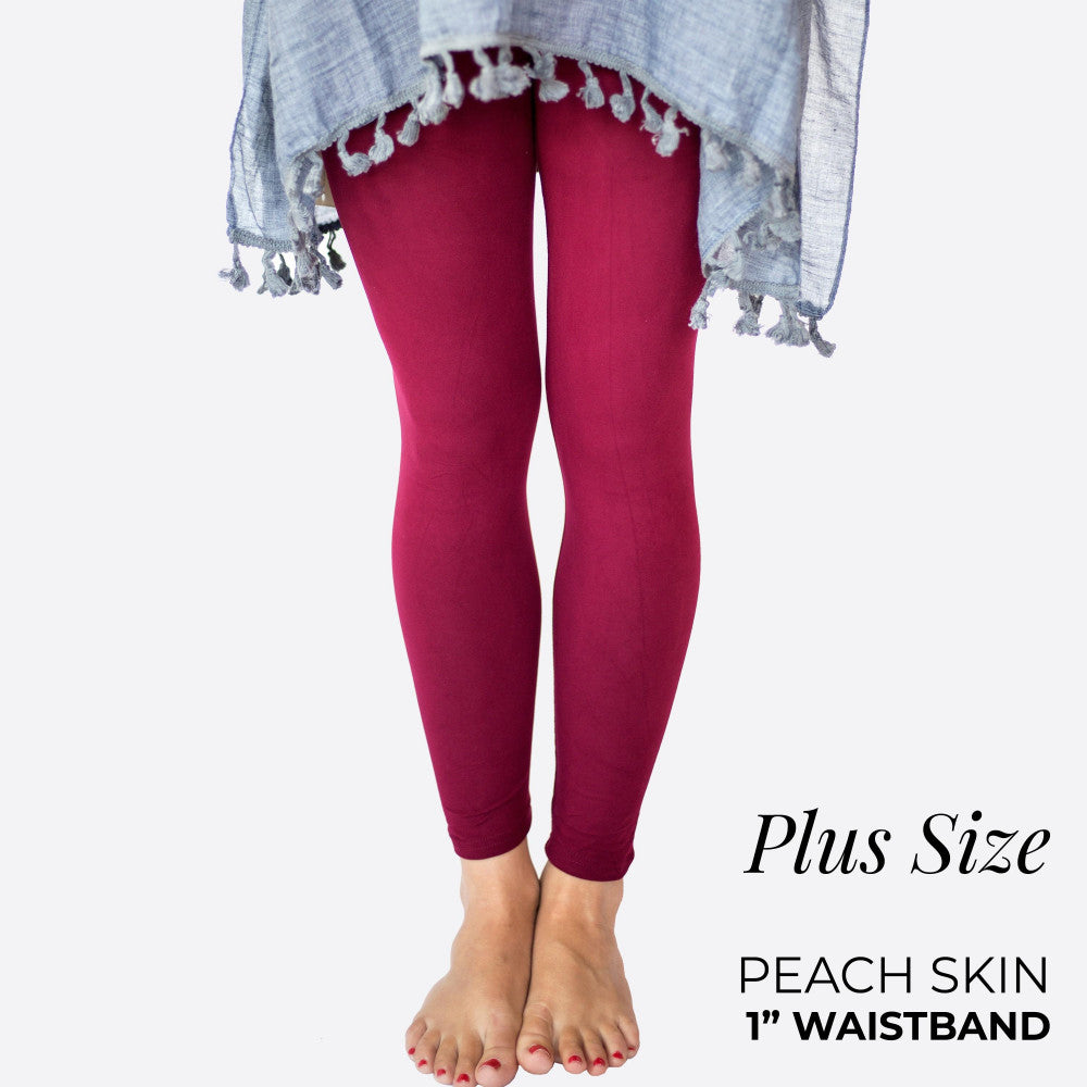Plus Size Burgundy Peach Skin 1" Waist Band Soft Brush Leggings