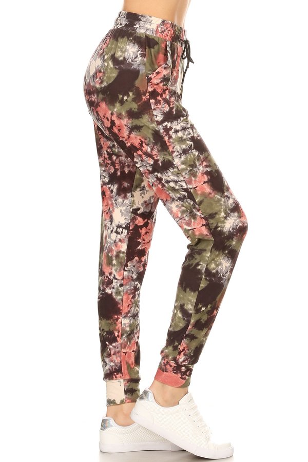 PINK GREEN TIE DYE printed joggers with solid trim, drawstring waistband, waist pockets, and cuffed hems