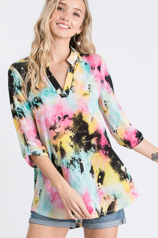 THREE QUARTER ROLL UP BUTTON SLEEVE V NECK MANDARIN COLLAR MULTICOLOR TIE DYE PRINT TOP