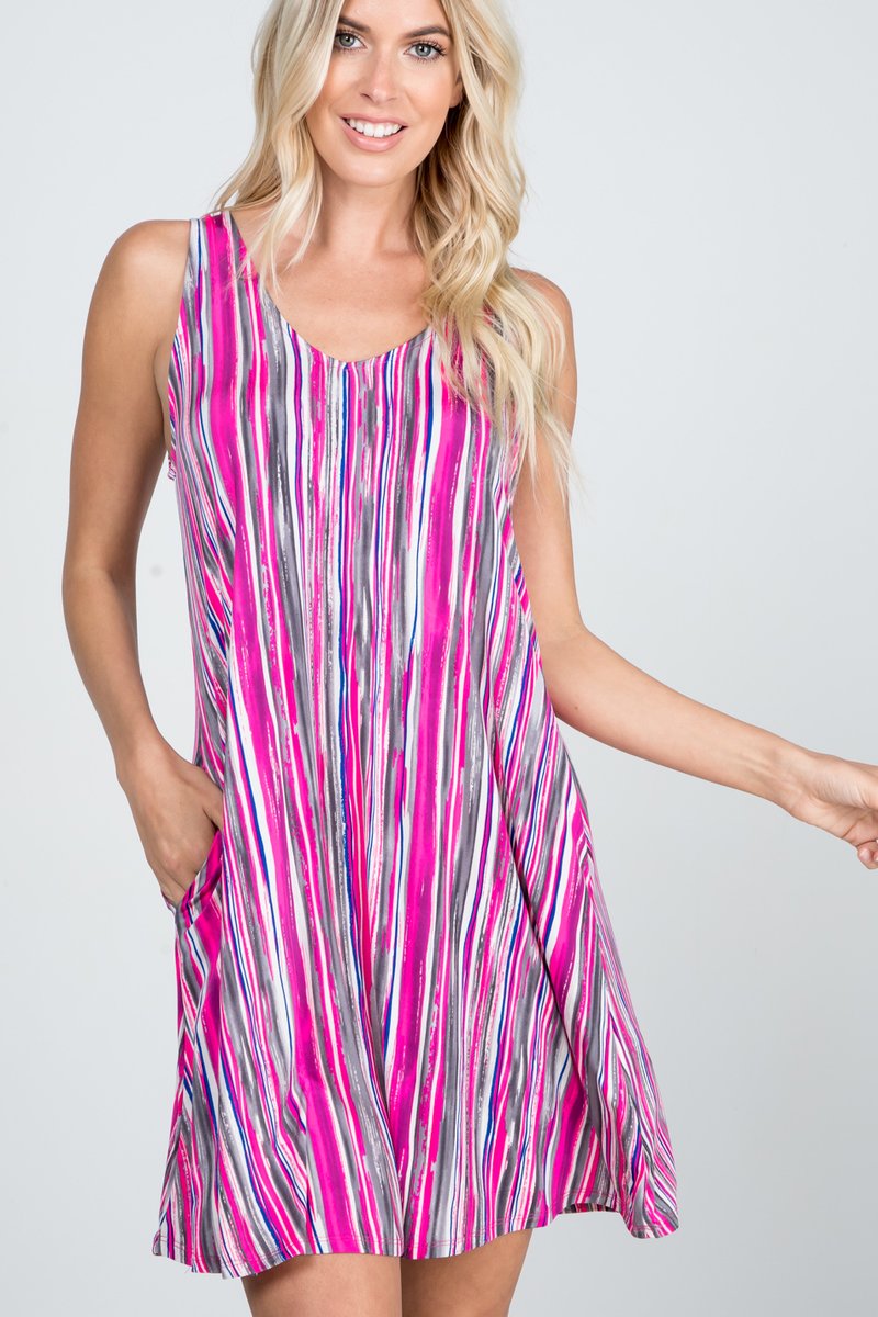 SLEEVELESS MULTICOLOR PRINT DRESS WITH SIDE POCKET