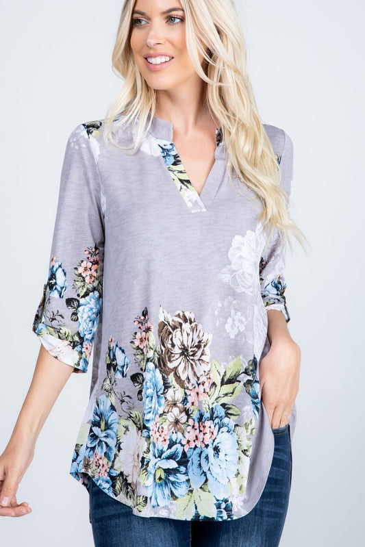 THREE QUARTER ROLL UP BUTTON SLEEVE V NECK MANDARIN COLLAR ROUND HEM FLORAL PRINT TOP