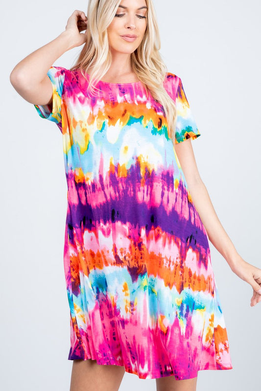 SHORT SLEEVE ROUND NECK MULTICOLOR TIE DYE PRINT DRESS