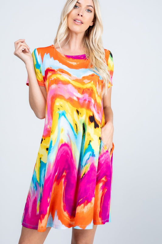 SHORT SLEEVE ROUND NECK MULTICOLOR TIE DYE PRINT DRESS