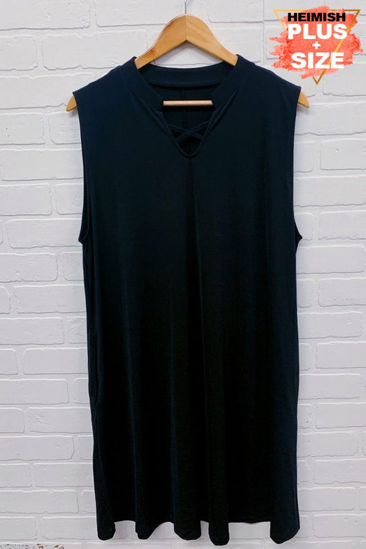 SLEEVELESS SOLID COLLAR DRESS WITH CRISSCROSS AND POCKET