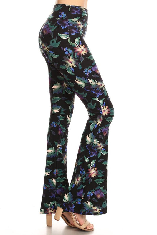 GREEN FLORAL  buttery soft print, flare palazzo pants in fitted style with a high banded elastic waist and wide leg