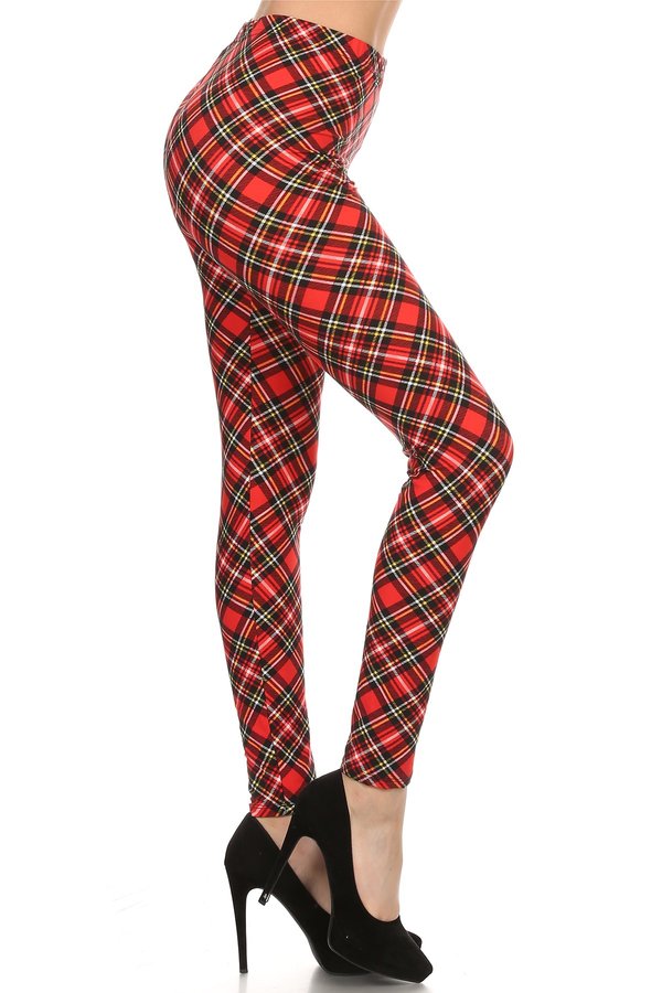 YOGA BAND RED PLAID Print Brushed Ankle ONE SIZE Leggings