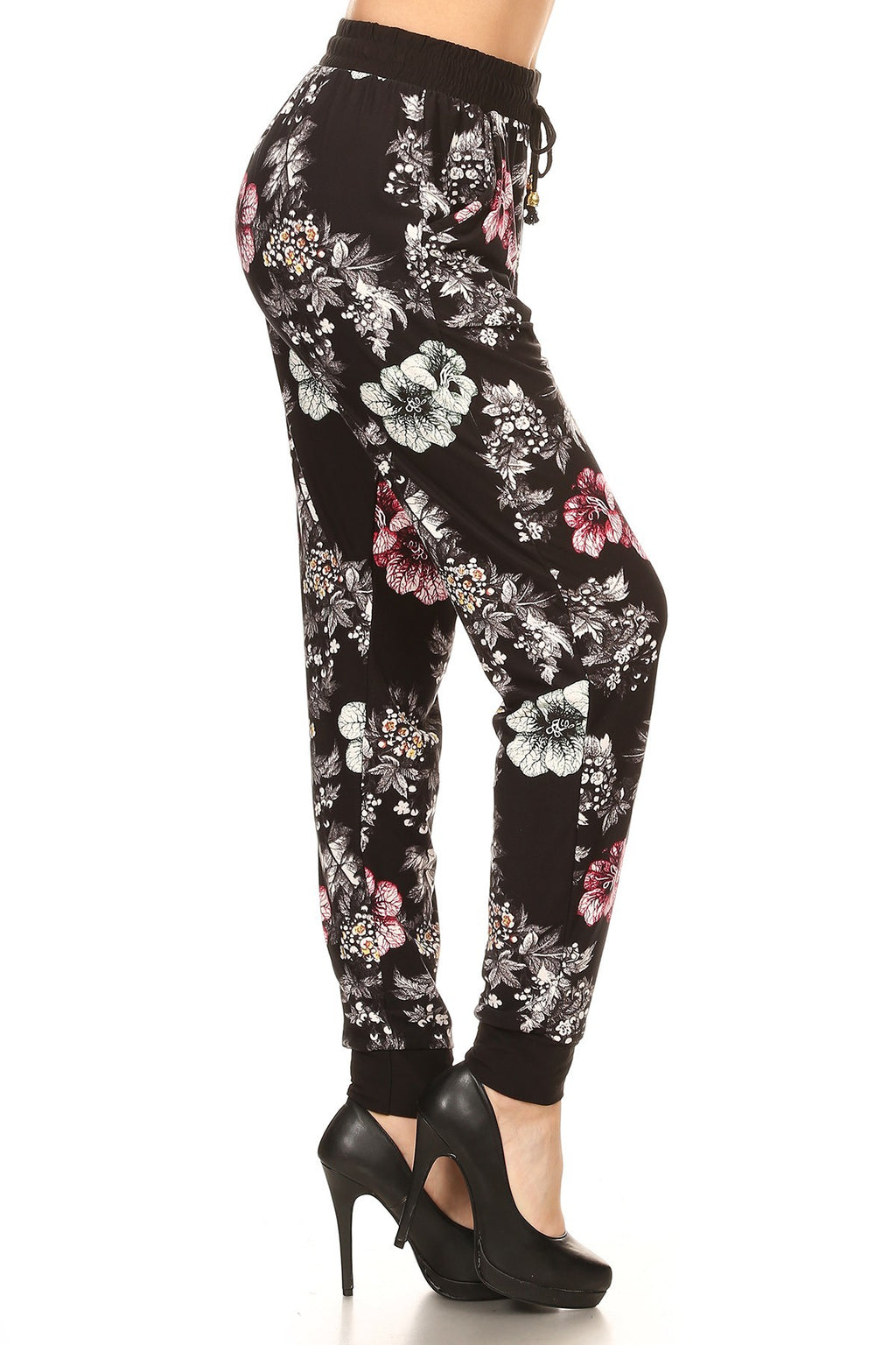 BLACK/WHITE FLORAL  printed joggers with solid trim, drawstring waistband, waist pockets, and cuffed hems