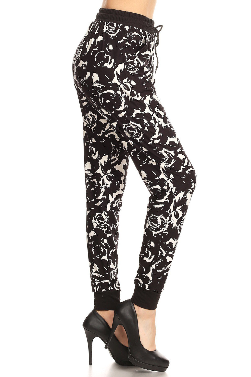 MIXED FLORAL  joggers with solid trim, drawstring waistband, waist pockets, and cuffed hems