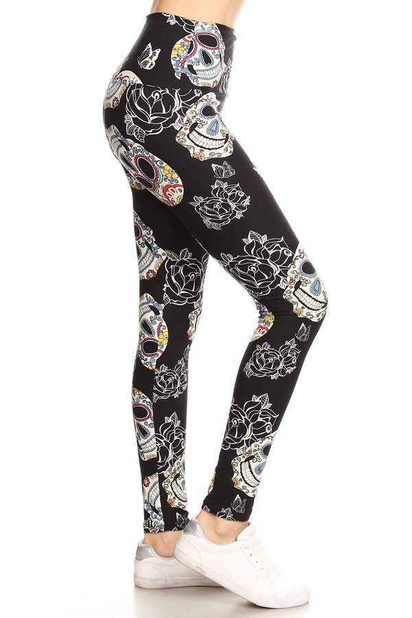 YOGA BAND SUGAR SKULL WITH ROSES PRINT Brushed Ankle ONE SIZE Leggings