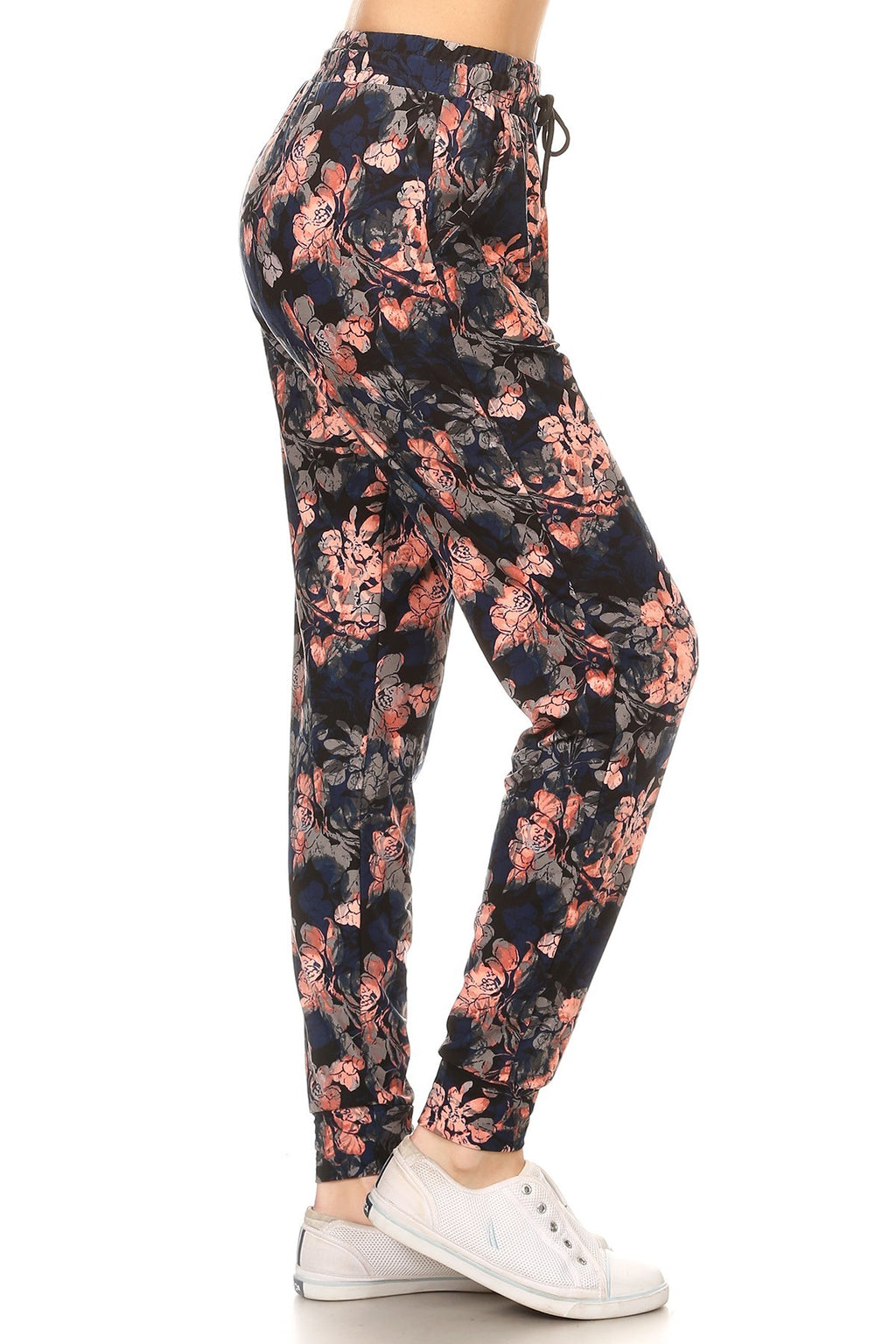 PINK BLUE FLORAL printed joggers with solid trim, drawstring waistband, waist pockets, and cuffed hems