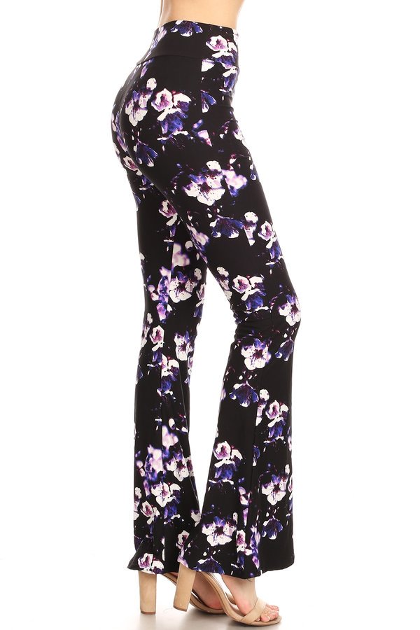 PURPLE FLORAL  buttery soft print, flare palazzo pants in fitted style with a high banded elastic waist and wide leg