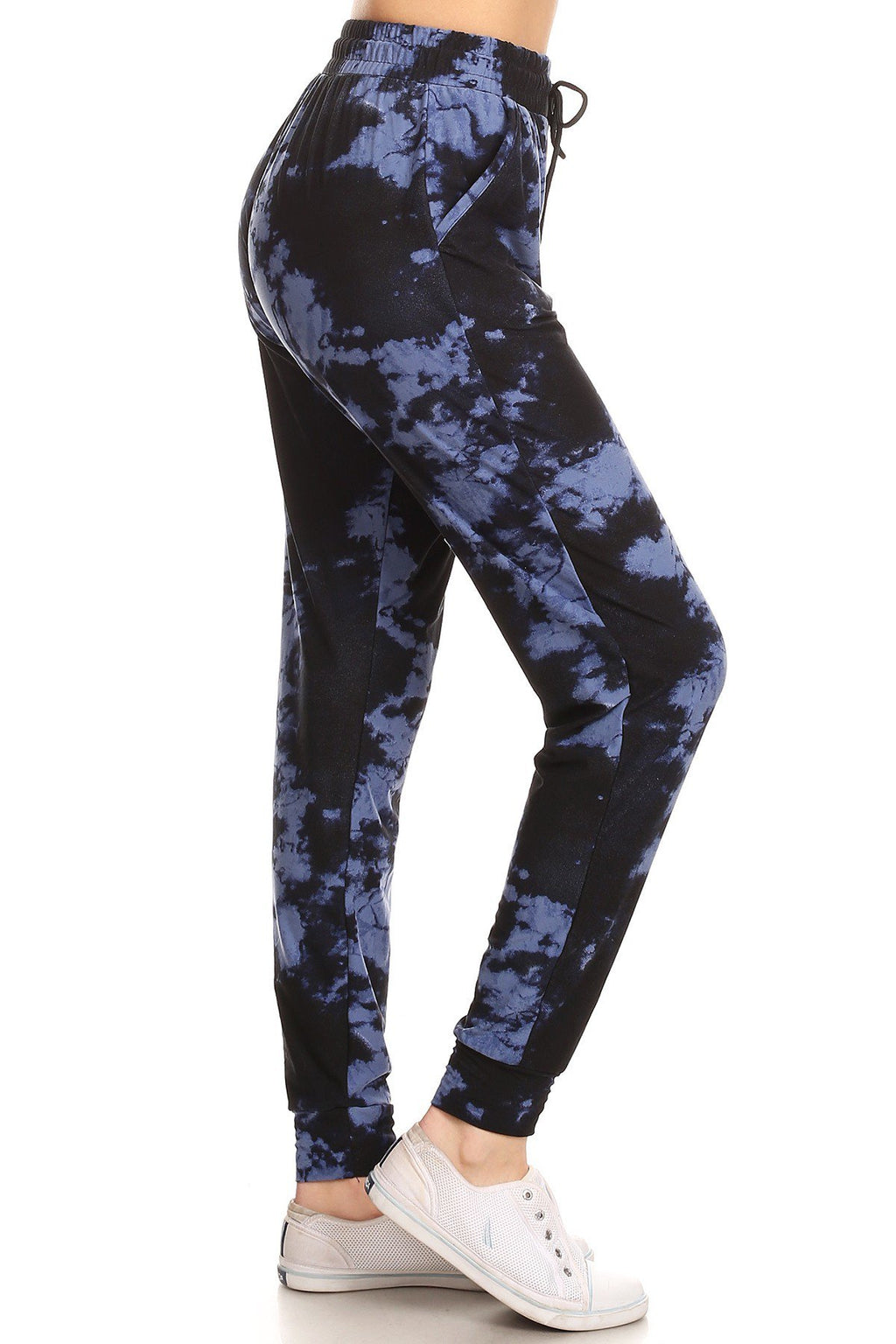 DK BLUE TIE DYE joggers with solid trim, drawstring waistband, waist pockets, and cuffed hems