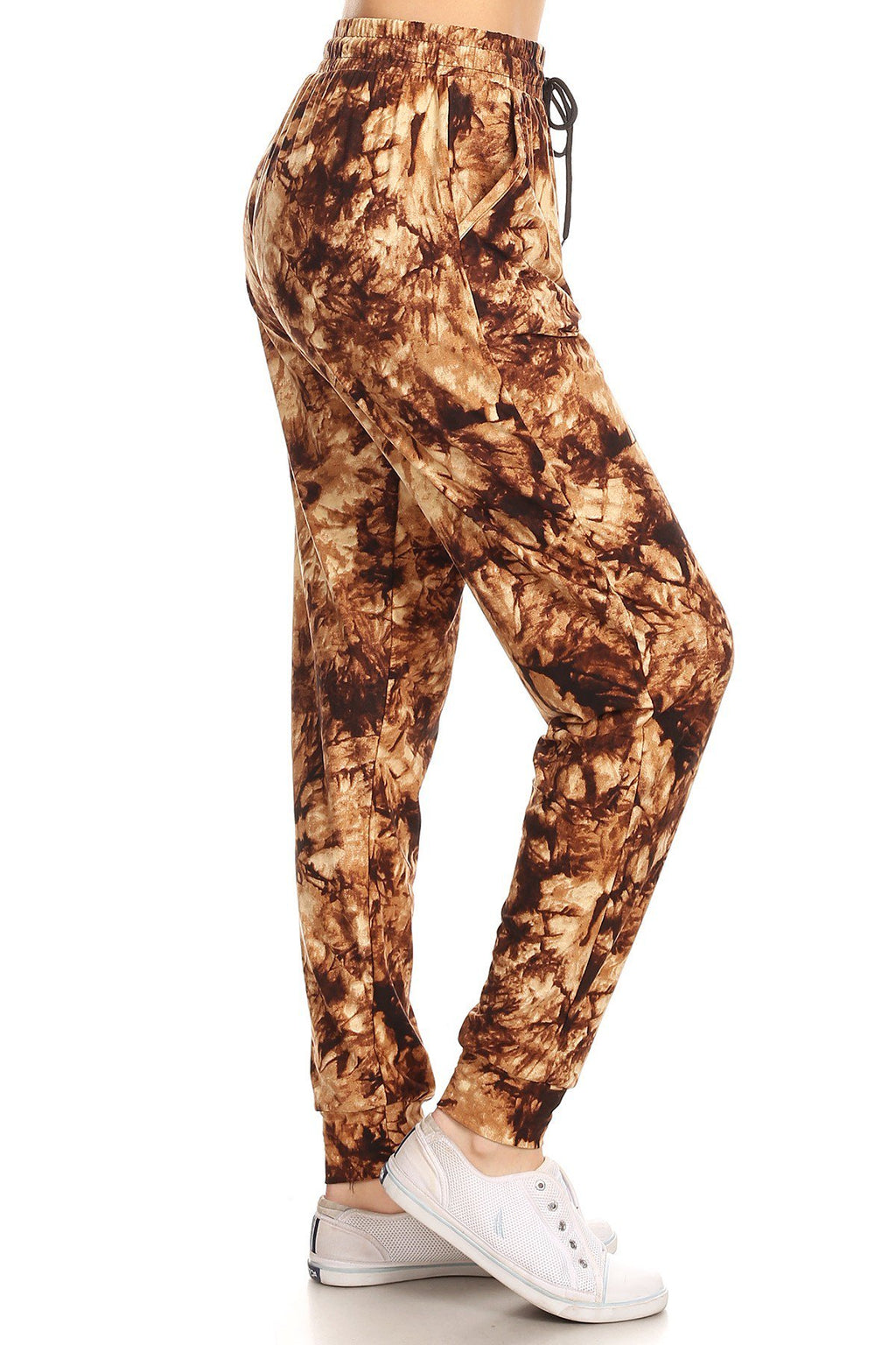 BROWN TIE DYE joggers with solid trim, drawstring waistband, waist pockets, and cuffed hems