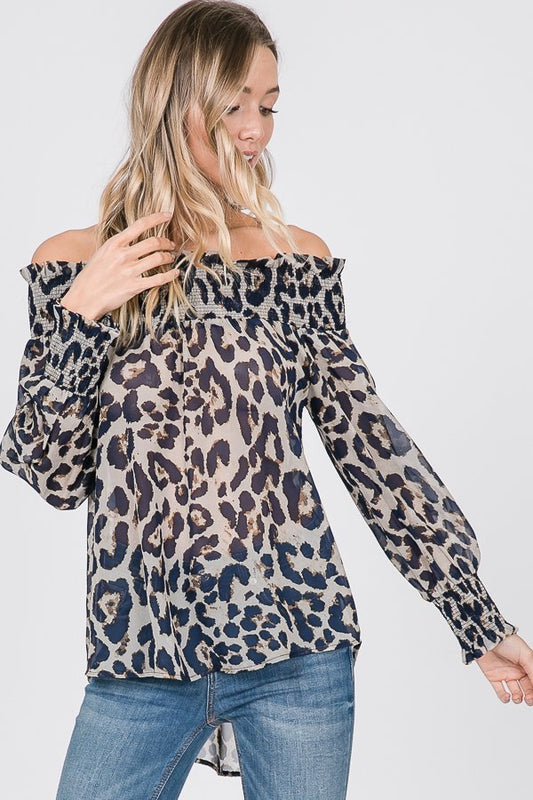 LONG SLEEVE OFF SHOULDER ANIMAL PRINT HI LOW TOP