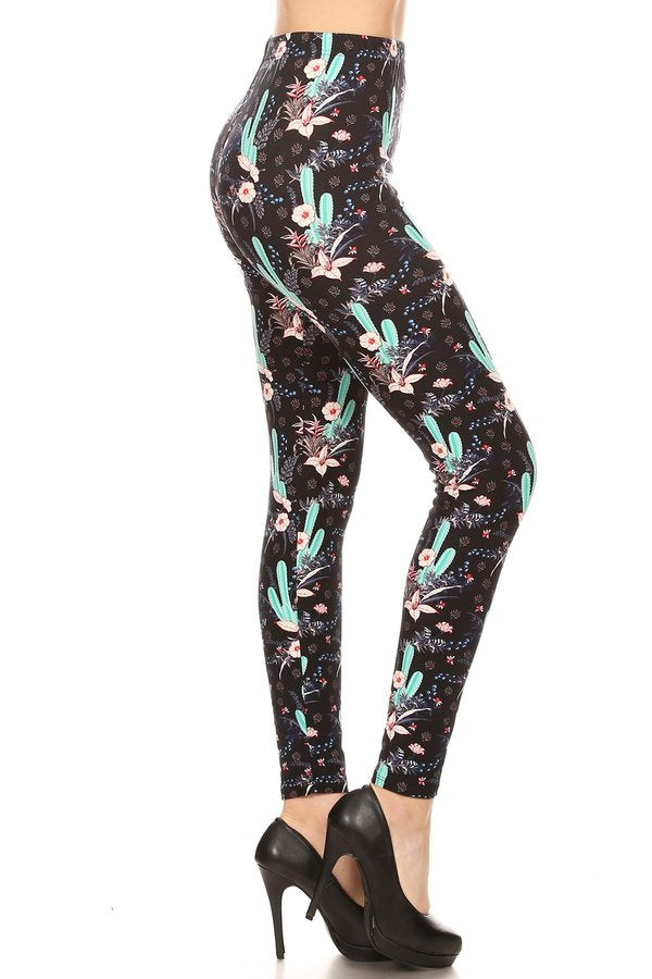 Floral Cactus Print Brushed Ankle Leggings