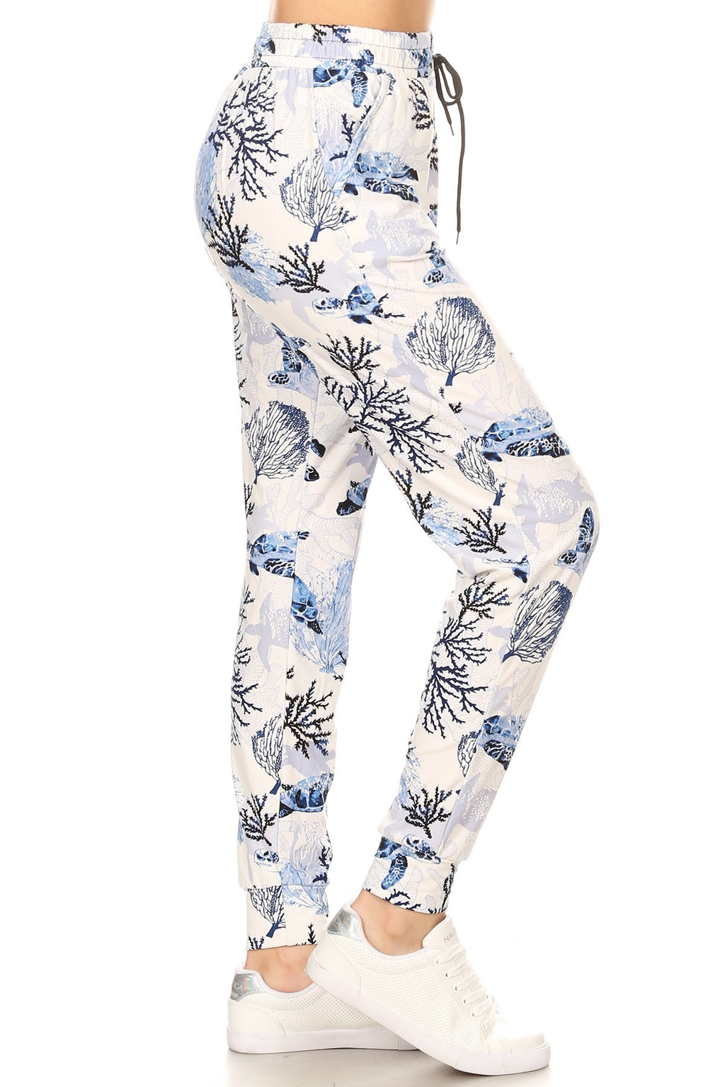 CORAL REEF AND TURTLE printed joggers with solid trim, drawstring waistband, waist pockets, and cuffed hems