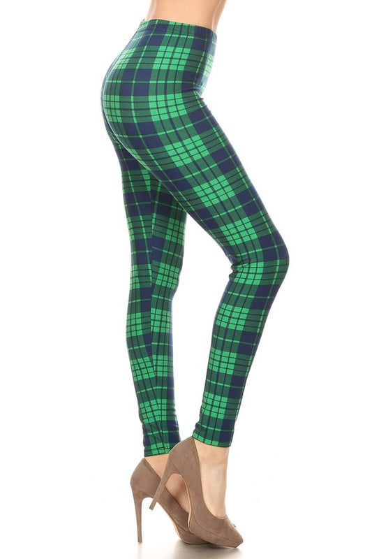 BLUE GREEN PLAID PRINT Brushed Ankle ONE SIZE Leggings