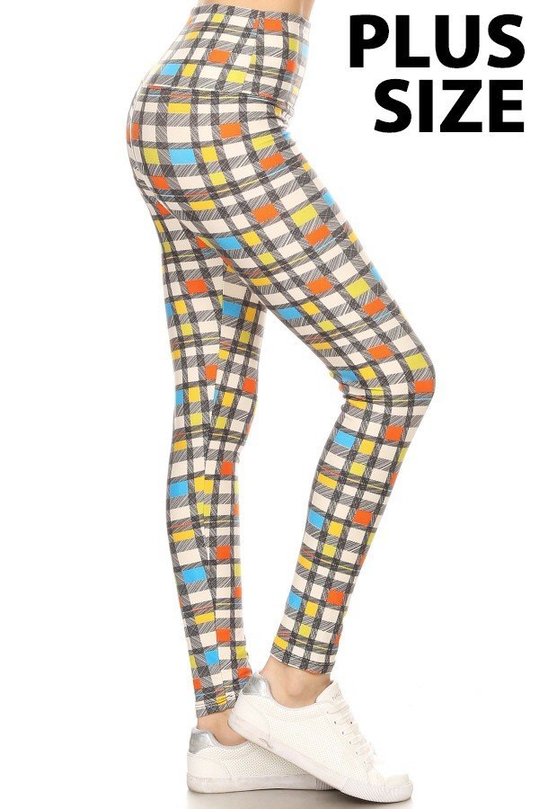 YOGA BAND PASTEL PLAID WITH HEARTS Print Brushed Ankle PLUS SIZE Leggings