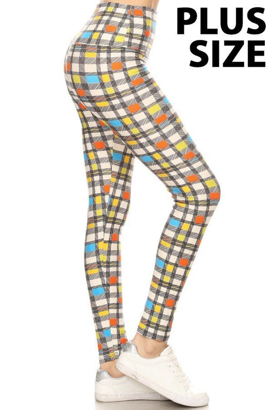 YOGA BAND PASTEL PLAID WITH HEARTS Print Brushed Ankle PLUS SIZE Leggings