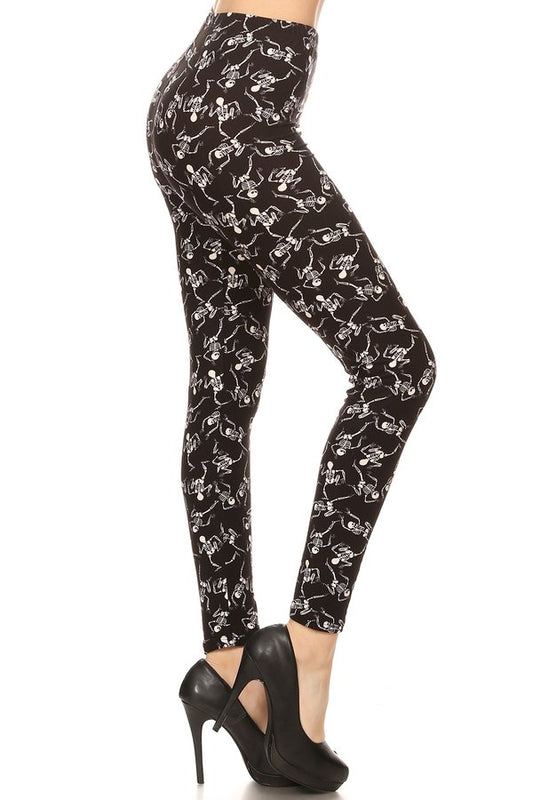 BLACK/WHITE SKELETON Print Brushed Ankle ONE SIZE Leggings